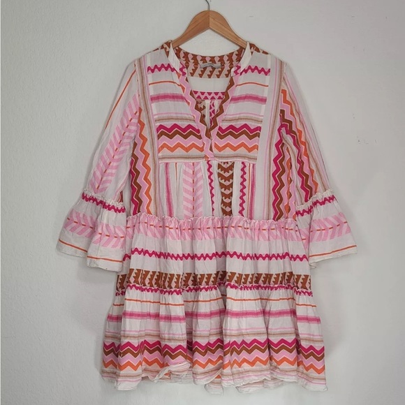 Devotion TWINS Dresses & Skirts - Devotion Twins Embroidered Ella Brown Pink Motif Off-White Tunic Dress Size S